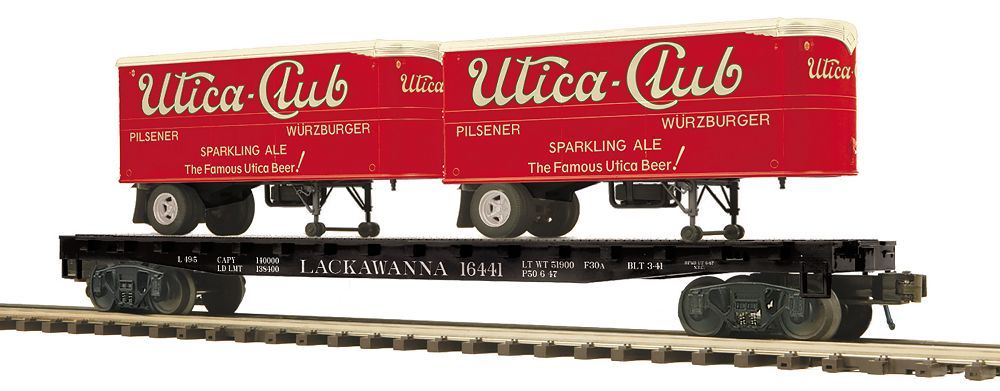 20-95766 DELAWARE LACKAWANNA & WESTERN FLAT CAR WITH UTICA CLUB PUP TRAILERS-O