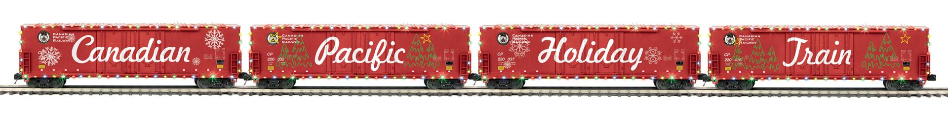 20-92451 CANADIAN PACIFIC 4-CAR 50’ DOUBLE DOOR BOXCAR SET W/ CHRISTMAS LIGHTS