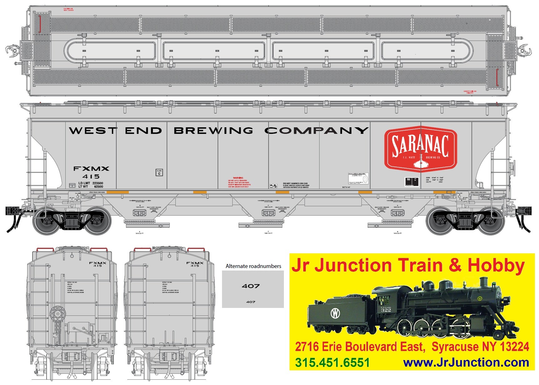 3001991S-1 WEST END BREWING COMPANY "SARANAC" TRINITY 5161 CU FT COVERED HOPPER #407 (3-RAIL)-O