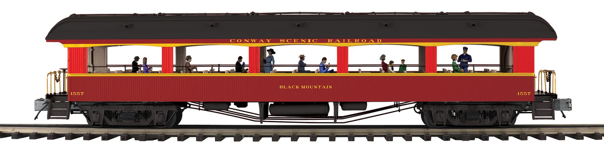 20-62192 CONWAY SCENIC RAILROAD 64’ OPEN AIR COACH #1557 BLACK MOUNTAIN-O