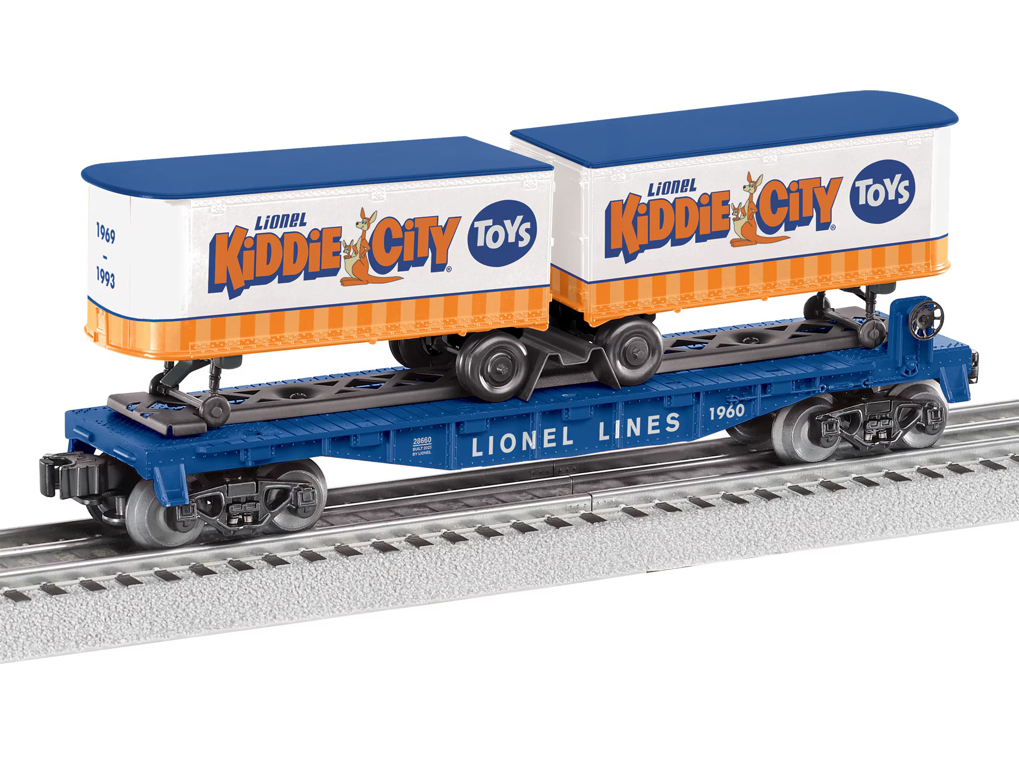 2528660 LIONEL KIDDIE CITY FLAT CAR WITH PIGGYBACK TRAILERS-O