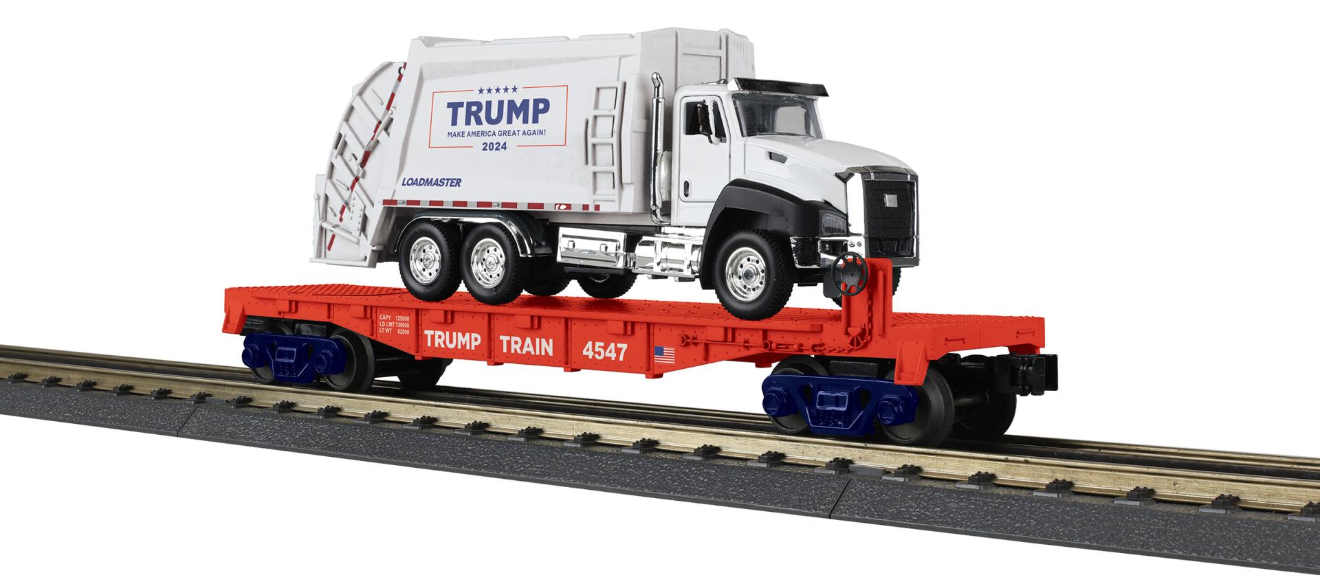 30-76928 DONALD J. TRUMP FLAT CAR WITH GARBAGE TRUCK-O