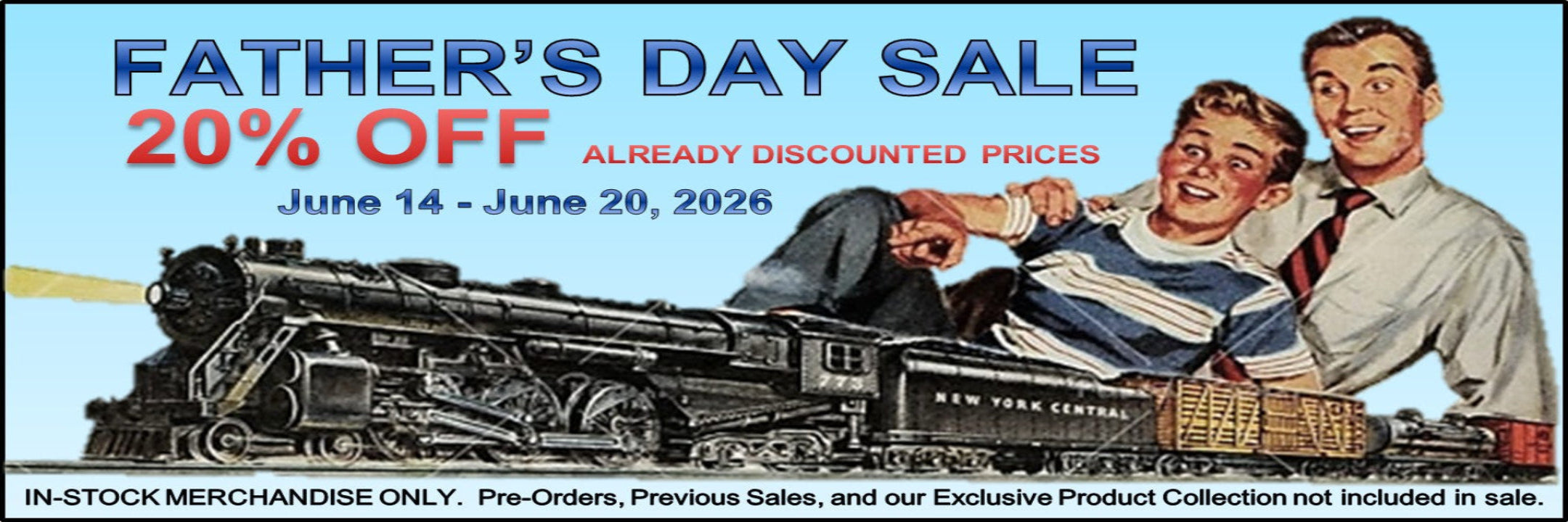 Advertisement for a Father's Day sale with a vintage-style train set and two people, featuring a 20% discount offer.